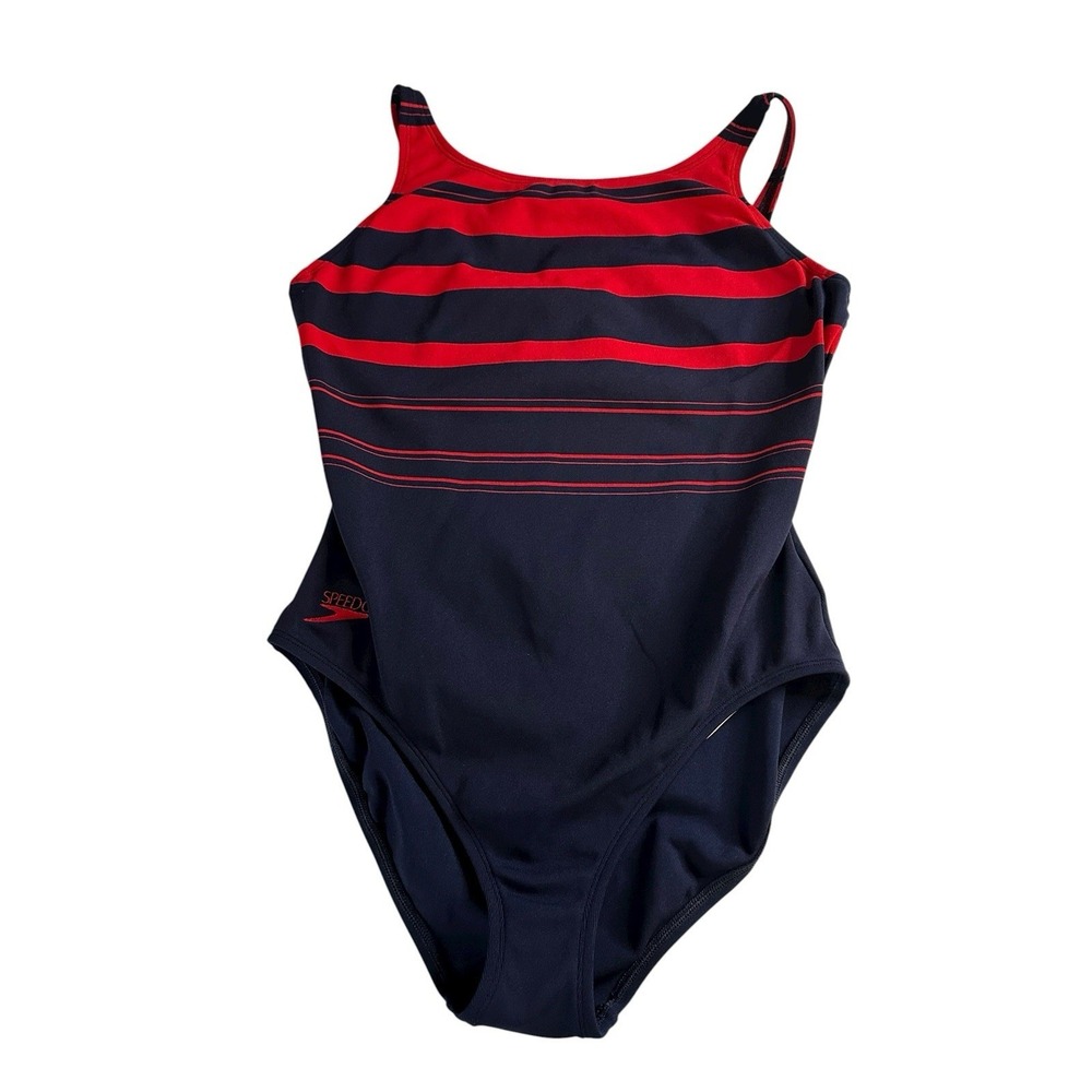 Vintage Speedo 1980s Navy Blue Red Stripes Swimsuit 16 High Neck One Piece